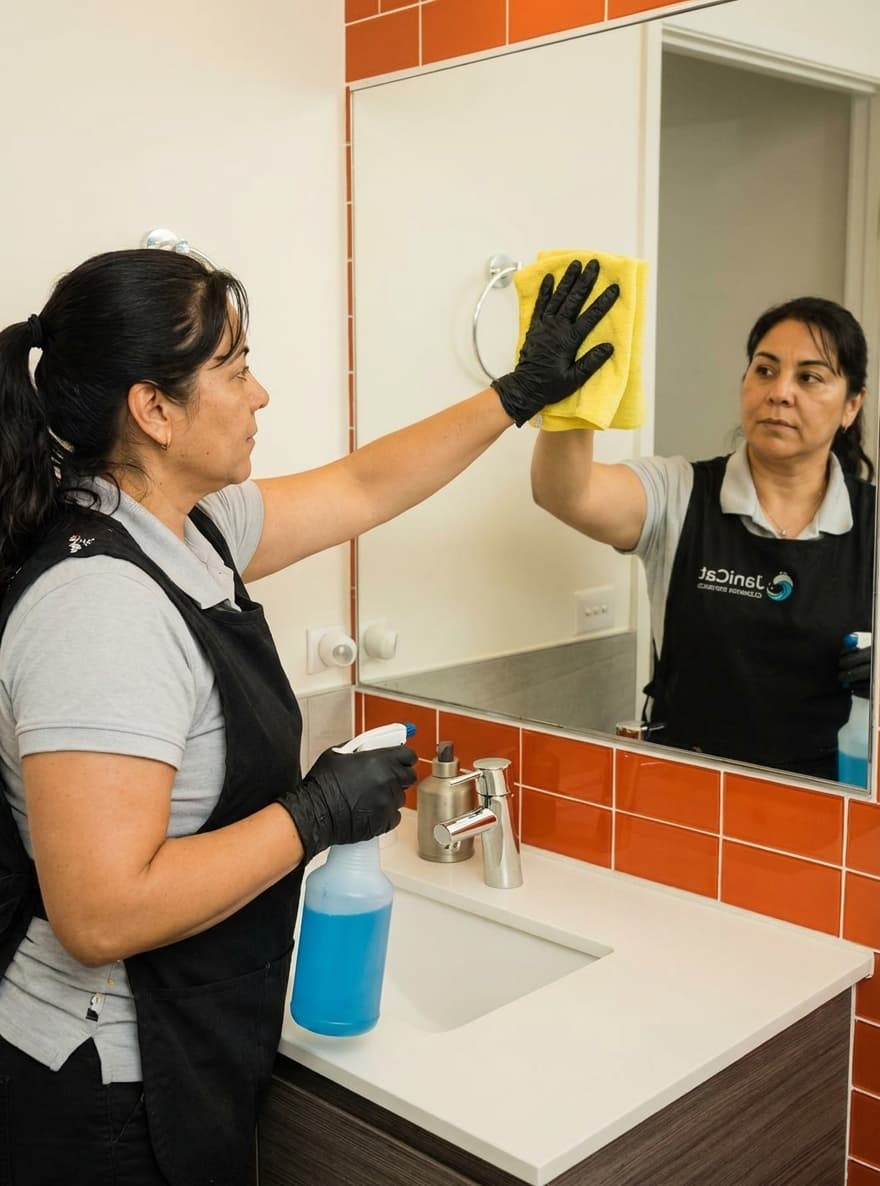 Janicat team member cleaning a residential bathroom
