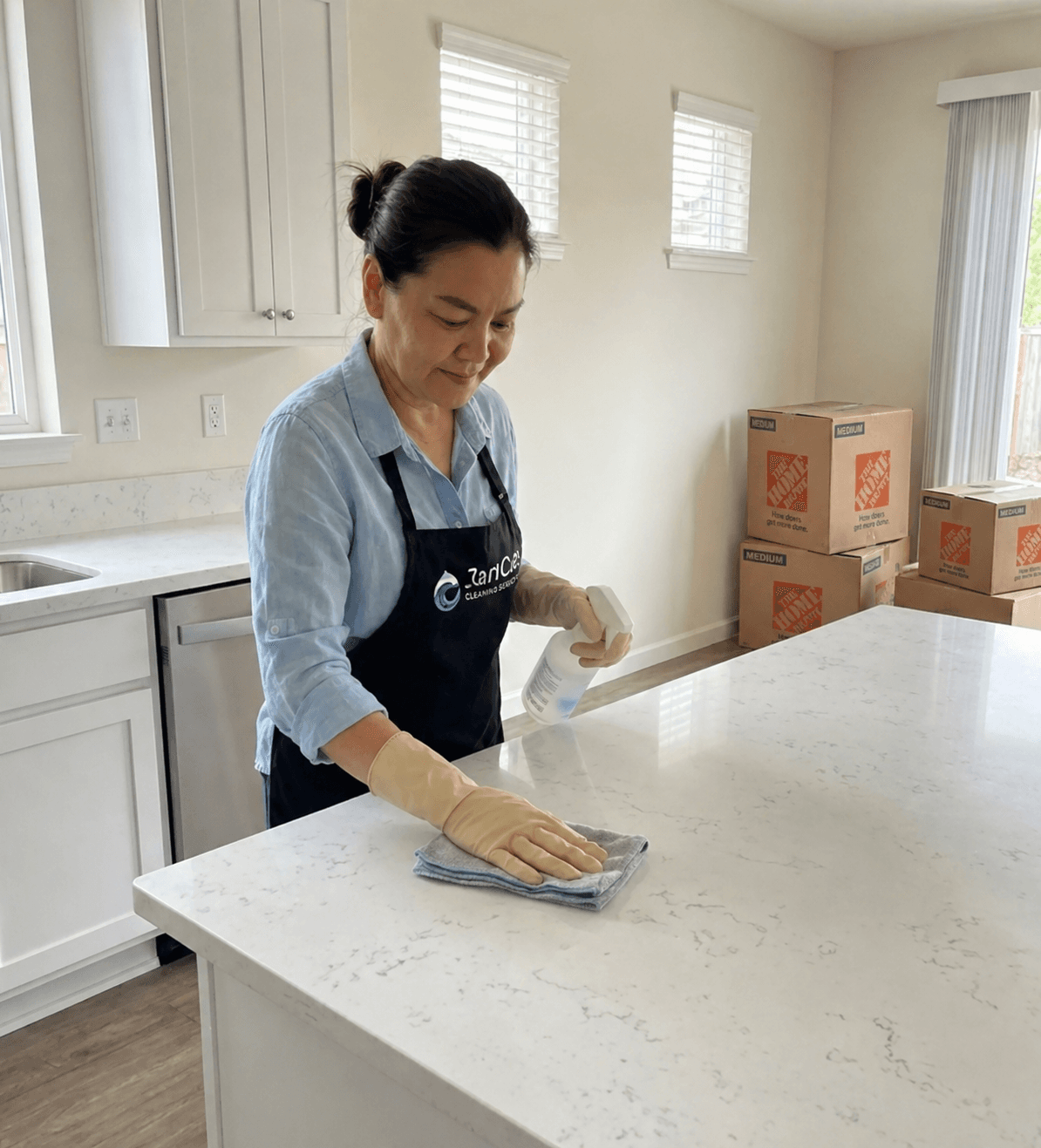 Janicat team member preparing a kitchen for move-in