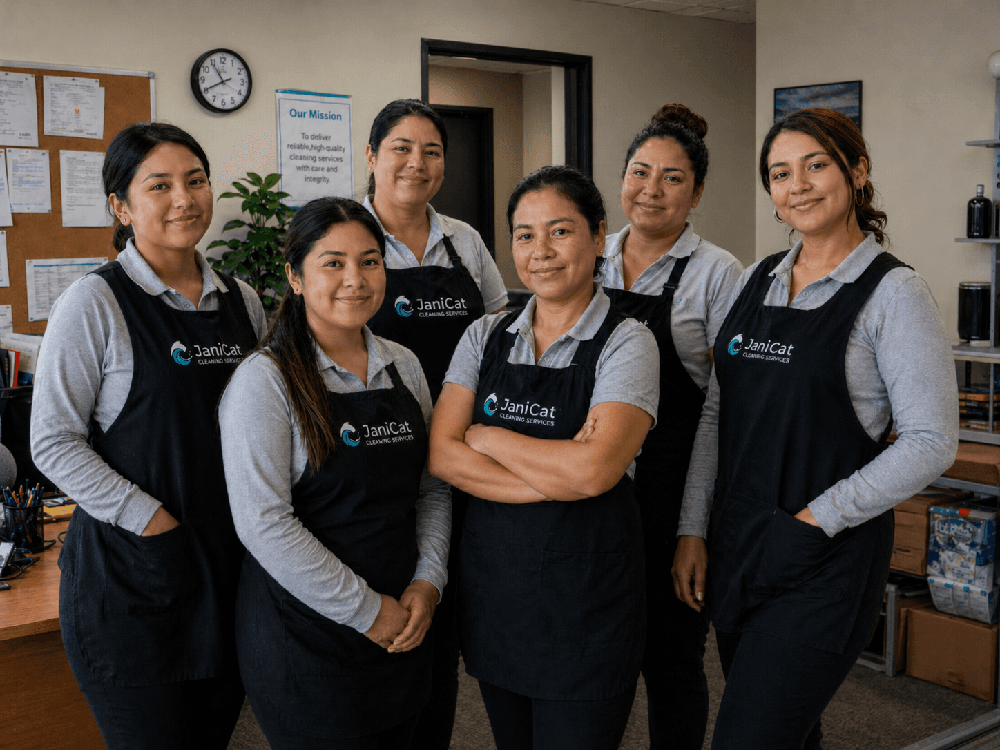 The Janicat Cleaning team: six cleaners standing together in their aprons